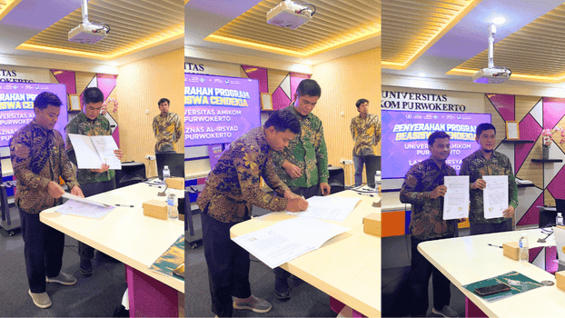 Universitas AMIKOM Purwokerto dan LAZNAS Al Irsyad Purwokerto Teken MOU dan Serahkan Program Beasiswa Cendekia