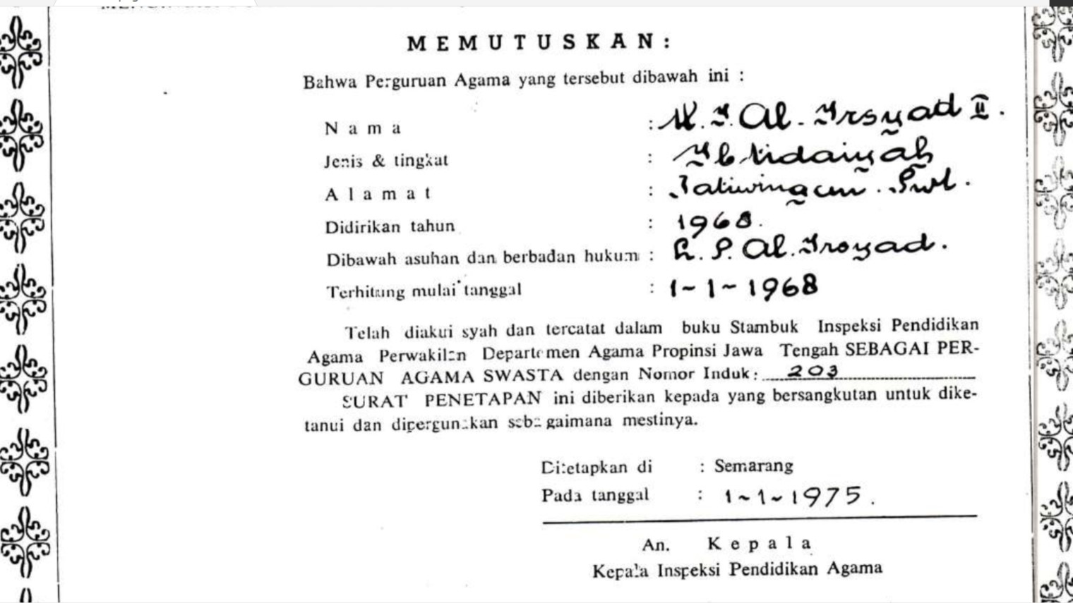1975. Pengesahan MI Al Irsyad II sebagai Perguruan Swasta Tingkat Ibtidaiyyah