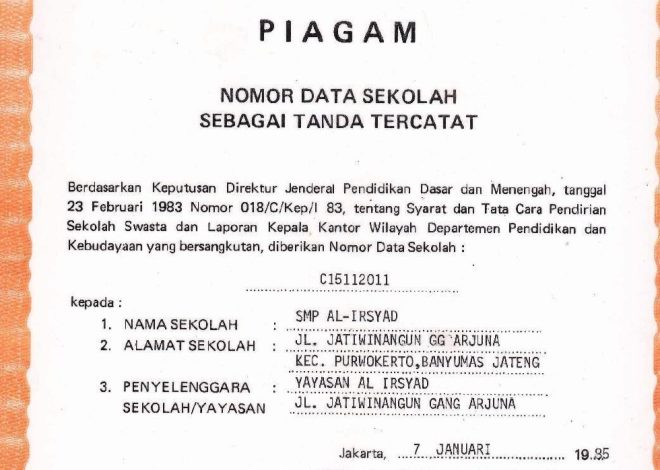 1985. Piagam Nomor Data Sekolah SMP Al Irsyad Purwokerto